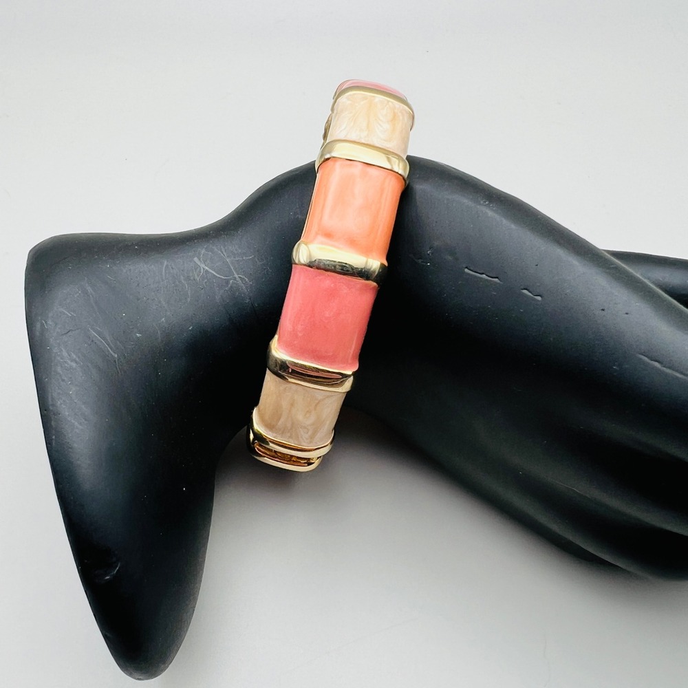 Vintage Hinged Bangle Bracelet Enamel Coral Pink Cream Gold Tone Clamper